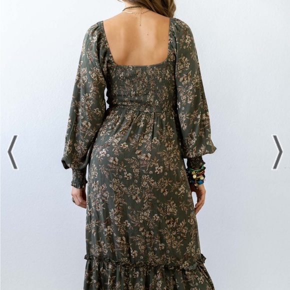 Three Bird Nest Happy Feelings Floral Long Sleeve Maxi Dress - Olive, Small - Picture 3 of 6